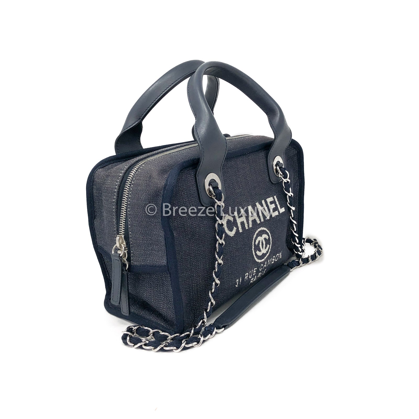 Chanel Deauville Bowling Bag in Midnight Blue Canvas & Black Calfskin - SOLD